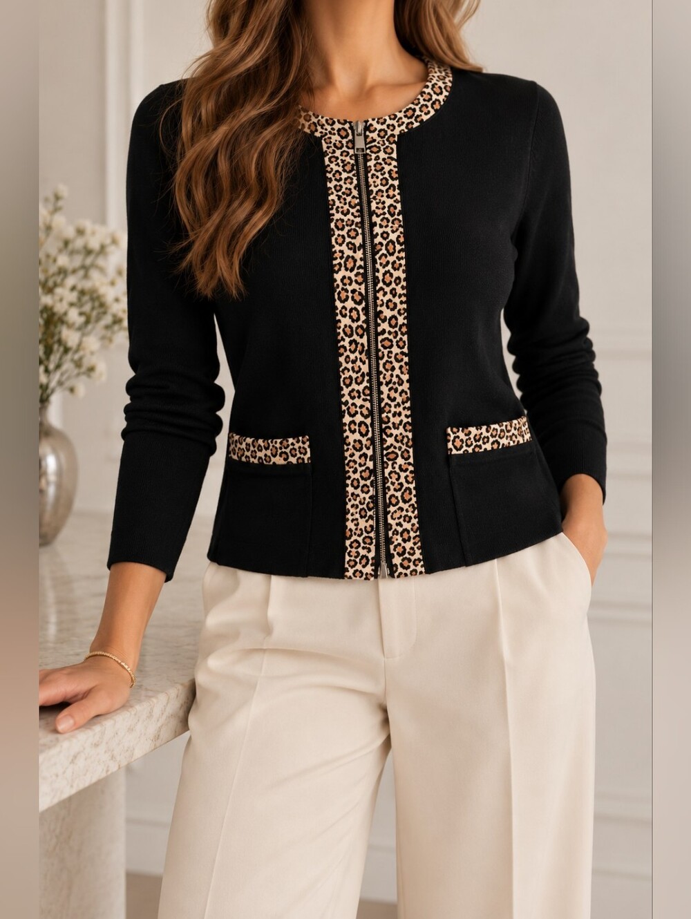 Marc Cain Sports Black Leopard Print Trim Zip-Up Cardigan – Made in Europe